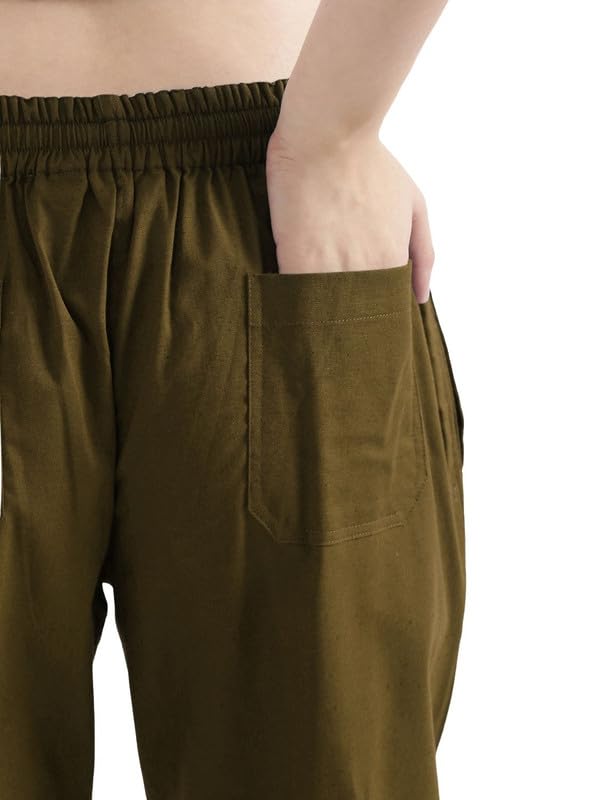 Image of SAADAA Women's Airy Linen Straight Pants | Regular Fit Trousers | Half Elasticated with Drawstrings & Buttons | 4 Pockets | Everyday & Office Wear
