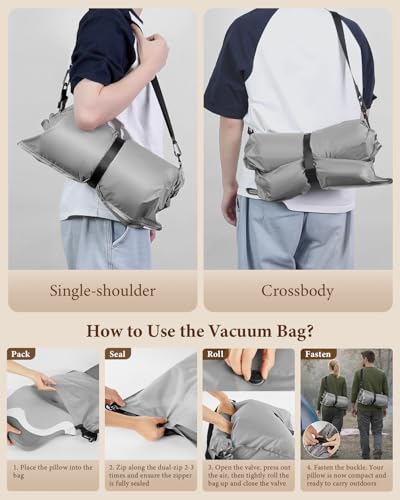 Image of Camping Pillow with Hand-Rolled Vacuum Bag, Cooling Cervical Pillow for Sleeping, Ergonomic Memory Foam Pillows for Indoor & Outdoor,Portable Neck Support Pillow for Side Back Stomach Sleepers