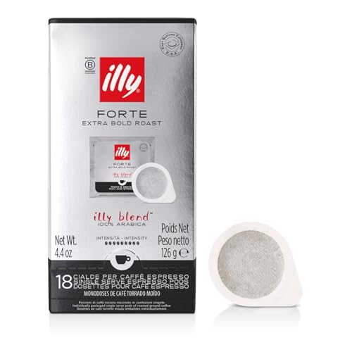 illy, Café en Cápsulas E.S.E Monodosis Tostado FORTE, 100% Arábica con un Intenso Aroma a Pan Tostado y un Sabor Final a Chocolate Negro, Sabor Fuerte, 1 Paquete de 18 Cápsulas Compostables