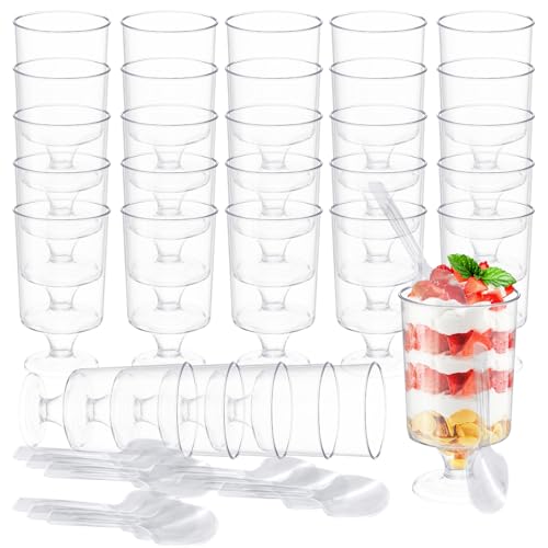 CHUNLINLAODA 30PCS Tazze da Dessert Rotonde in Plastica Mini Tazze da Dessert con Cucchiai,130ml Tazzeda DessertRotonde in Plastica Riutilizzabile per Casalinghi,Budino,Mousse,Gelato (Trasparente 2)