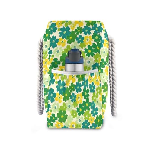 Small Flowers Green Yellow Portable Tote Bag With Pockets with side pocketes Large Bag for Pool Gym Grocery Travel3