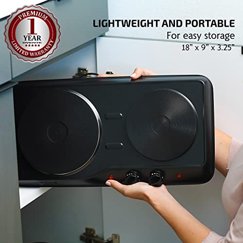 Ovente Double Cast Iron Burner 7 & 6 Inch Hot Plates, 1700W Electric Countertop Stove For Cooking, Portable Cooktop With Temperature Control And Easy To Clean Stainless Steel Base, Black Bgs102B #TOP2