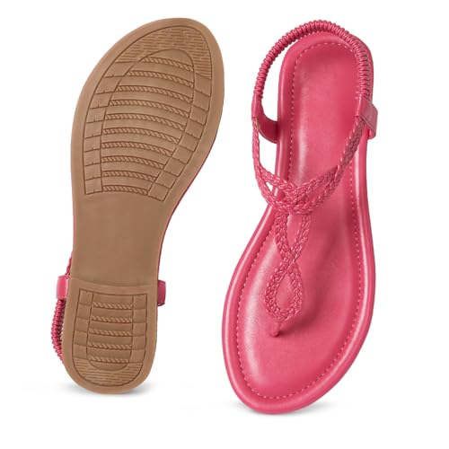 Image of iCKER Womens Braided T‑Strap Flat Sandals Elastic Stretch Ankle Strap | Boho cute casual lightweight and comfort matches dresses for beach vacation