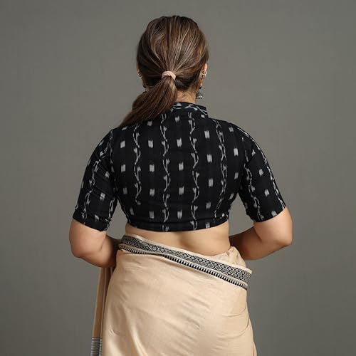 Image of Elegant Odisha Ikat Unstitched Cotton Blouse Piece Black