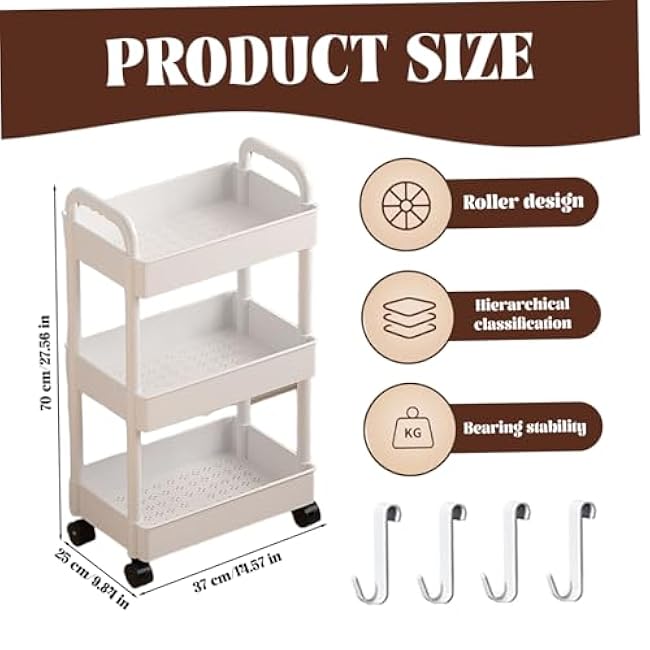 3 Tier Rolling Cart Large Capacity Storage Cart on Wheels Hollow-Out Basket Snack with Dual Handle Rolling Utility with 4 Hooks for Kitchen/Bedroom/Study/Bathroom White-4r6aQP4o