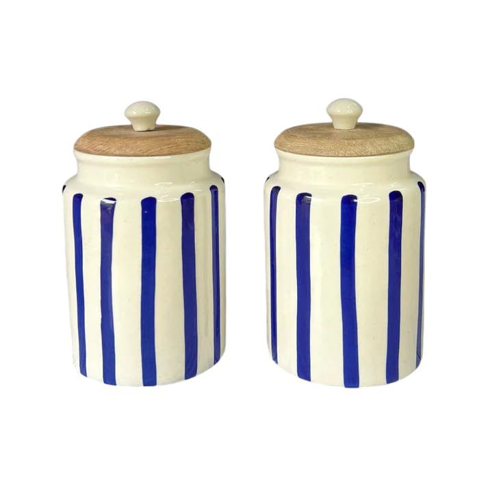 Image of Airtight Ceramic Jars (Pack of 2) - 900ml Each - Wooden Lid - Kitchen Containers for Sugar, Tea, Salt, Pickles, Pulses & More (Blue Lines)