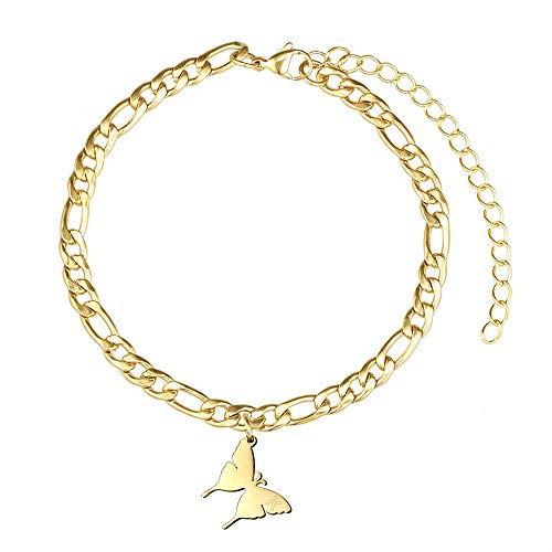 XSILA Butterfly Initial Ankle Bracelets for Women Girls 18k Gold Plated Stainless Steel Letter Anklet Length Adjustable(K)
