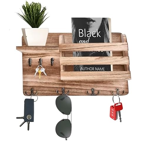 Hallops Wooden Key Holder Wall Mount – 12.9"x3.9"x7.8" – Hanging Mail Sorter and Key Rack for Entryway – Hallway Hanger Shelf with Coat Hooks – Decorative Organizer Rack Cover