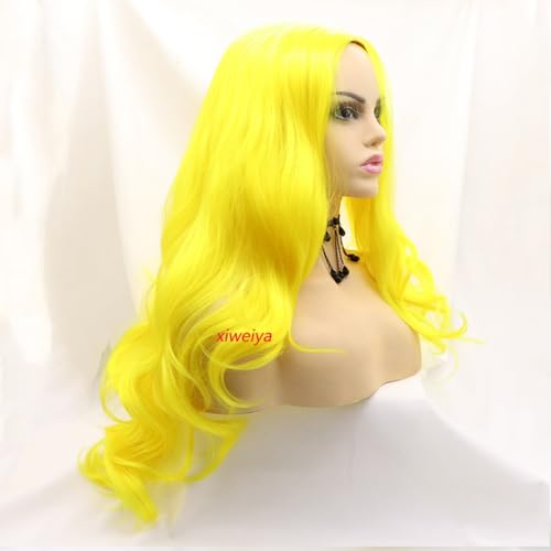Xiweiya Ombre Yellow Wavy Synthetic Wigs Middle Part Long Wavy Yellow Wig Heat Resistant Fiber Half Hand Tied Wig For Women 24inch - Image 2