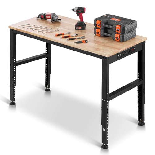 Image of VEVOR Adjustable Workbench, 48 x 20-inch Heavy Duty Work Bench with 28.5-38.3 Inches Height Adjustment, 2000 lbs Capacity Garage Workbench with Power Outlets, Suitable for Office, Garage, Workshop