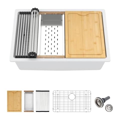 Lofeyo White Undermount Kitchen Sink 28"x19" Workstation Granite Composite Sink Small Granite Sink Undermount Quartz Modern Under Counter Ledge Single Bowl Kitchen Sinks Basin Deep Sink,LOF-Q454S Cover