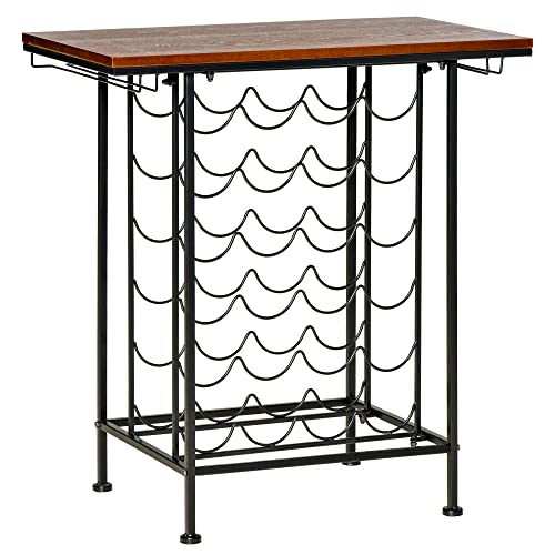 HOMCOM Étagère à vin Porte Bouteilles casier à vin Style Industriel Support Verres 24 Bouteilles intégré métal Noir Aspect Bois Noyer