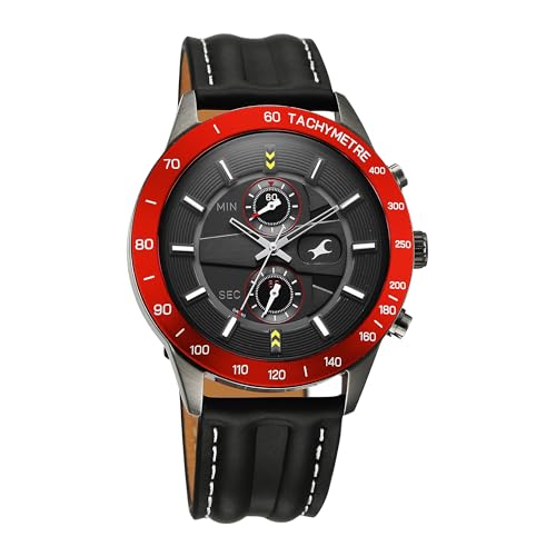 Image of Fastrack Overdrive Quartz Dark Grey Round Dial Men's Watch | Leather Strap Material | Watches for Men Analog - 3332KL01