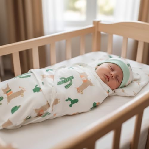 Image of Ramede 6 Pack Swaddle Blanket with Hats for Baby Girl Boy 100% Cotton Swaddles 0-3 Months, Adjustable Breathable Skin Friendly Receiving Blanket Wrap, Essential for Newborns(Alpaca,Green)