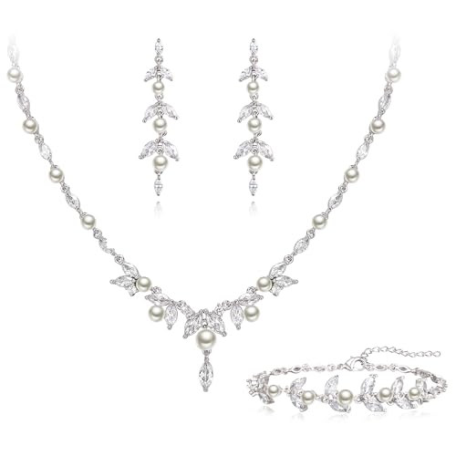 Conjunto de joyería de boda de perlas y circonitas para novia y pendientes largos
