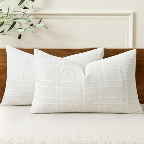 Image of MIULEE Decorative Linen Check Lumar Throw Pillow Covers Neutral Farmhouse Vintage Pillow Covers 12x20 Set of 2 Boho Modern Home Decor for Sofa Couch Bedroom Cushion Cream White