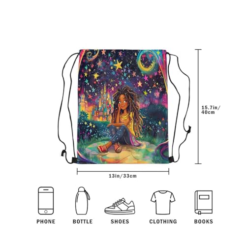 Image of jejeloiu Cute Black Drawstring Backpack 13x15.7inch African American Waterproof Gym Drawstring Bags Cartoon Sports String Backpack Beach Swim Travel Bag Sackpack(No Glitt