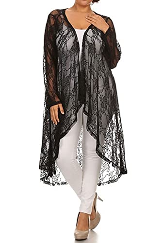 646 - Sheer Lace Long Sleeve Open Front Long Body Asymmetric Hem Hi Low Duster Cardigan