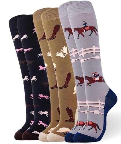 Fjquamitix 3 Pairs Horse Riding Socks for Women Funny Equestrian Knee High Socks Novelty Gift for Horse Lover Cowgirl Equestrian Party Favors