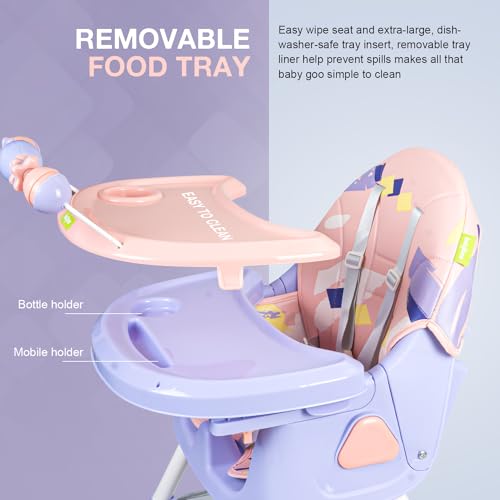Image of Baybee 3 in 1 Fiora Baby High Chair for Kids Feeding with Two Height Adjustable, Recline & Wheels, Booster Seat with Food Tray, Belt & Basket, High Chair for Baby 6 Months to 4 Years Boy Girl (Pink)