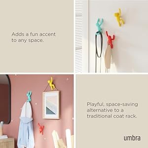Umbra buddy wall hooksdecorative wall mounted coat hooks for hanging coats scarves bags purses backpacks towels and more set of 3 redblueyellow  urban country home decor