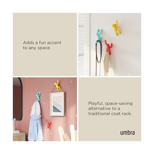 Umbra buddy wall hooksdecorative wall mounted coat hooks for hanging coats scarves bags purses backpacks towels and more set of 3 redblueyellow  urban country home decor