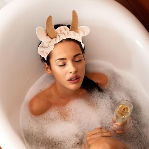 Spa Headband 2pcs Animal Ear Spa Makeup Headband Cow Shaped Spa Hair Band Plush Cute Face Washing Headband Shower Yoga Head Wraps Skincare Sweatband Towel for Girls Women - Image 2