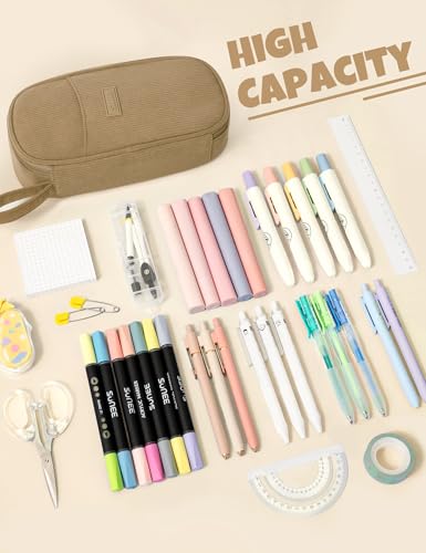 Image of SUNEE Cute Pencil Case, Large Pencil Pouch, Soft Corduroy Fabric Big Pencil Bag with Zipper, Kawaii Pen Bag Stationery Storage and Organizer, School Supplies for Teen, Student, Boys, Girls, Khaki