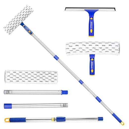 ITTAR Window Cleaner Squeegee Rotatable Squeegee and Microfiber Scrubber with Extendable 3 Section Stainless Steel Pole,Window Cleaning Tool with 2 Microfiber Pads for Shower Glass Door,Car Windshield