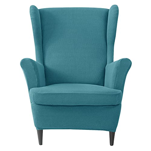 JHLD Stretch Wing Chair Slipcover 2 Piece, Plaid Wingback Chair Slipcover Spandex Non Slip Wingback Chair Cover Wing Chair Covers for Chair Living Room -Teal-2 Piece