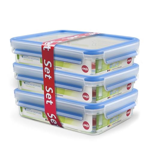 EMSA Clip & Close Frischhaltedosen-Set, rechteckig, 3 x 1,2 L, Aufbewahrungsboxen, 100 Prozent dicht, spülmaschinen-, gefrier-, mikrowellenfest, Blau, Made in Germany, 515645
