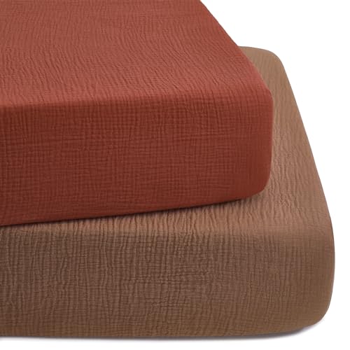 Image of TILLYOU 2 Pack Muslin Crib Sheet for Boys and Girls - 100% Cotton Fitted Crib Sheet for Toddler Standard Crib Mattress, Soft and Breathable, 52"x28"x8",Caramel&Brown