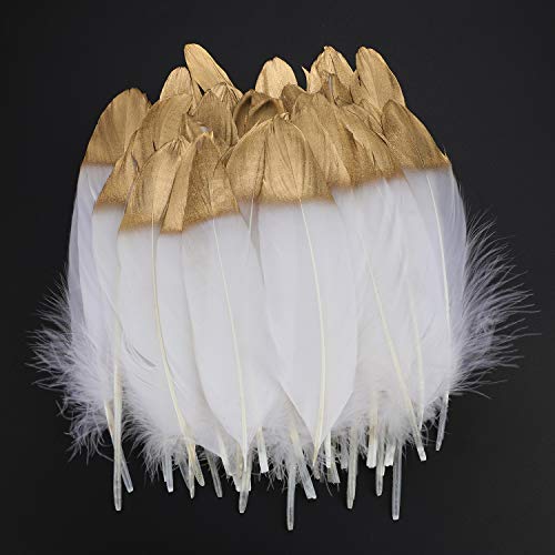 Mwoot 40 Pcs Gold Dipped White Glitter Feather Goose Real Feather, 6-8 Inch Natural Craft Art Soft Native Feather Accessories for Christmas Decoration, DIY, Party, Wedding, Dream Catcher