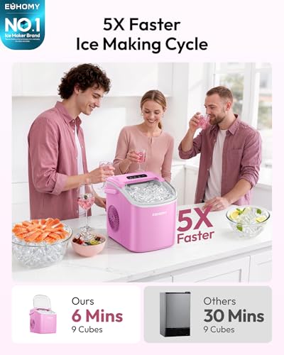 EUHOMY Machine à glace de comptoir avec poignée, 26lbs Par jour, 9 Cubes de glace prêts en 6 Mins, fabricant de glace portable auto-nettoyant avec panier et scoop, pour la maison/cuisine/camping/RV (pink)