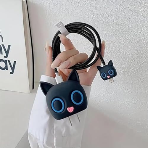 Image of INEFABLE Charger Case Cover Protector with 3D Cute Pattern for iPhone Charger only 18W & 20W, Data Charging Cable Wire Saver Protective Cable Cover Full Protection - Set Of 1 (Black Cat With Blue Eys)