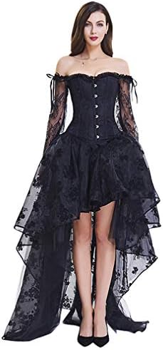 Kimring Women's Steampunk Victorian Off Shoulder Embroidery Long Sleeves Corset Top With High Low Skirt Set Black X-Large