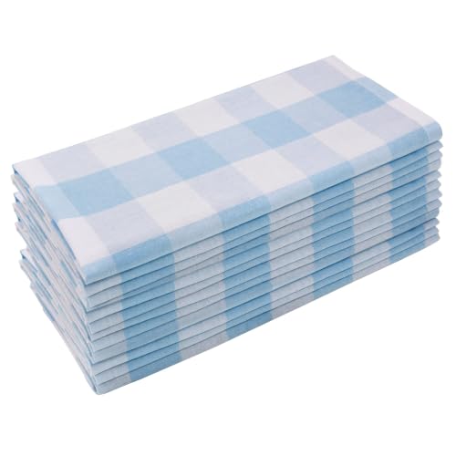 Image of Cotton Cloth Napkins Set of 12 Blend Buffalo Plaid Table Napkins, 18 x 18 Inch Washable Dinner Napkins, Buffalo Checks Cloth Napkins for Restaurant, Wedding, Holiday, Farmhouse，Light Blue and White