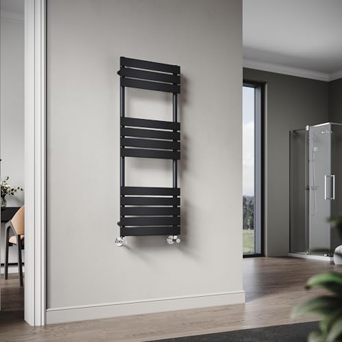 Image of ELEGANT Flat Panel Heated Towel Rail Black Bathroom Ladder Radiator 1200 x 450 mm Central Heating Towel Radiator
