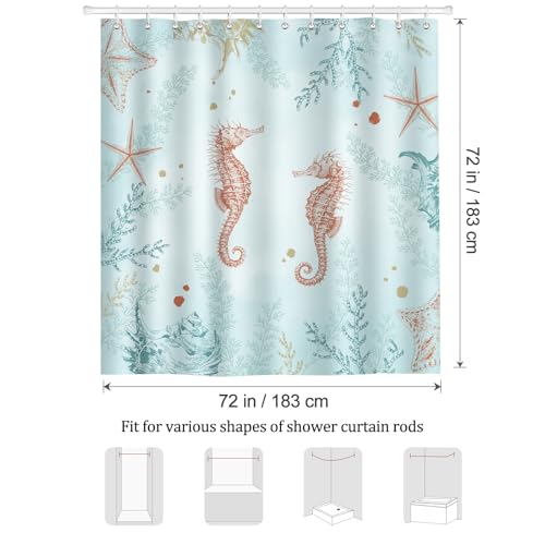 Bonhause Coastal Seahorse Shower Curtain, Blue Ocean Beach Starfish Coral Underwater Bathroom Curtain 72 x 72 Inch Polyester Fabric Waterproof Bath Curtain with 12 Hooks by Bonhause - Used condition - Image 6