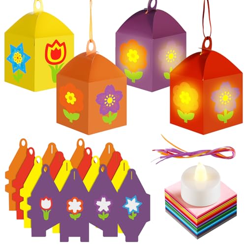 Simgoing 12 Sets Spring Floral Flower Craft with LED Lights Colorful Flower Tissue Paper Crafts Kits DIY Hanging Suncatchers Lanterns Kits for Window Decor Spring Summer Favors Home Activities