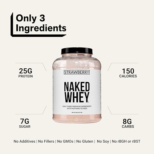 Image of NAKED Strawberry Whey Protein - All Natural Grass Fed Whey Protein Powder + Dried Strawberries + Coconut Sugar- 5lb Bulk, GMO-Free, Soy Free, Gluten Free. Aid Muscle Growth & Recovery - 61 Servings