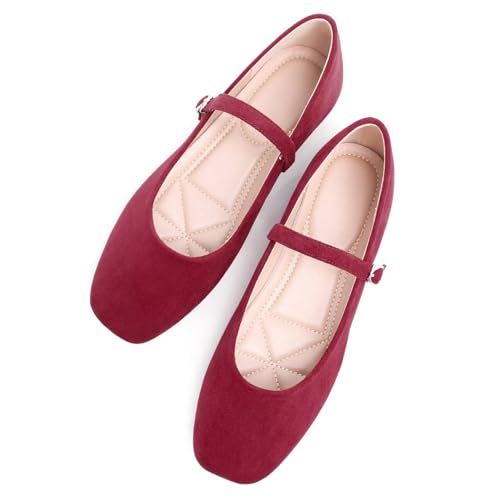 Stunner Women's Mary Jane Ballet Flats Fashion Square Toe Ankle Strap Flats Comfortable Casual Slip On Dress Shoes Wine red 38(7) 2