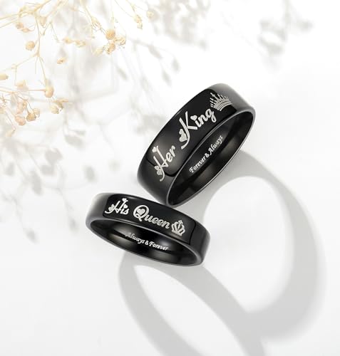 His Queen & Her King Matching Black Titanium Stainless Steel Rings for Couples - Romantic Gifts for Anniversary, Valentine's Day, and Weddings2