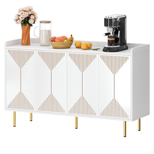 DWVO 55" Kitchen Storage Cabinet with Carved Design Door, Adjustable Shelves, Modern Sideboard Buffet Cabinet with Storage for Hallway, Kitchen or Living Room, White/Gold