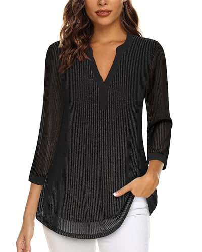 Image of Timeson Women's Short Sleeve V Neck Blouses Shirts Floral Double Layers Mesh Tunics Tops