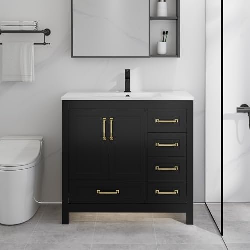 LUCKWIND 36' Bathroom Vanity and Sink Combos, Modern Bathroom Storage Cabinet with Ceramic Sink, Matte Black Faucet and 5 Drawers, Mirror is NOT Included, Black