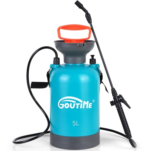 Goutime® Drucksprüher säurebeständiges Drucksprühgerät 5L Füllinhalt mit verstellbaren Düsen & 1,3m Schlauch, Verstellbarer Düse aus Kunststoff & Überdruckventil unkrautspritze, schaumsprüher