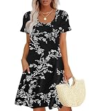 Sherosa Summer Casual Dresses for Women 2023 Vacation Sundresses with Sleeves and Pockets(XL,White Black Flower)