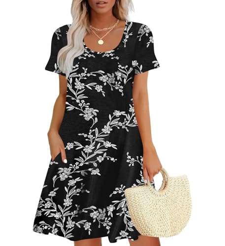 Sherosa Summer Casual Dresses for Women 2023 Vacation Sundresses with Sleeves and Pockets(XL,White Black Flower)
