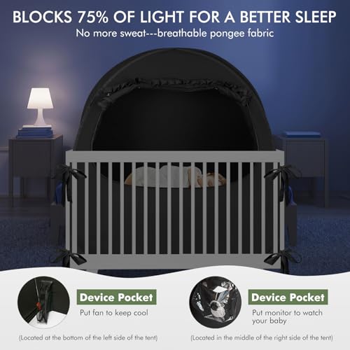 Image of Crib Blackout Tent for Pack N Play, Pop Up Travel Crib Blackout Cover Canopy, Breathable Baby Sleep Pod with Safe Bottom Design